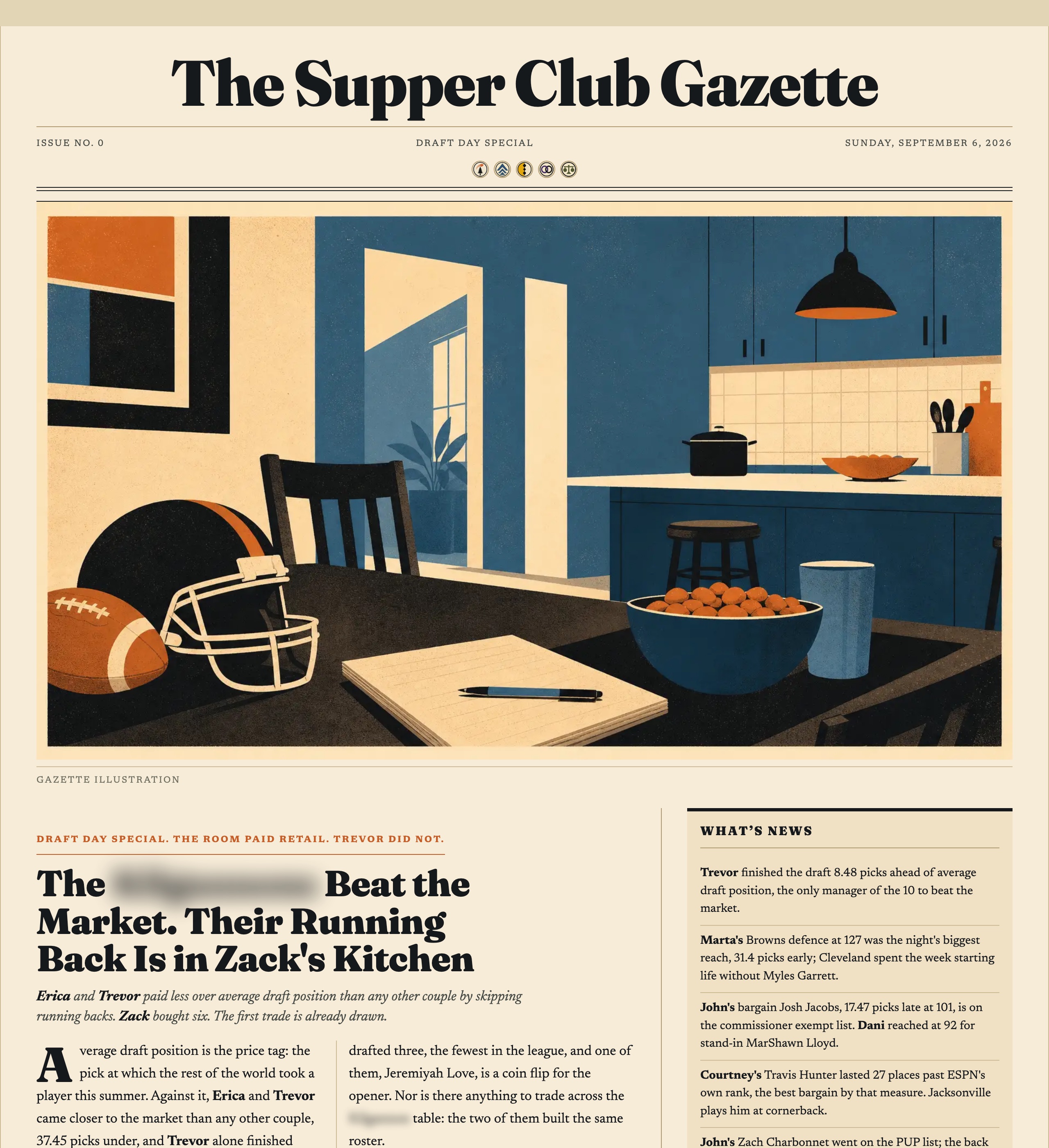 The Supper Club Gazette, Issue No. 0, Draft Day Special: an illustration of a kitchen table with a football, a helmet, and a bowl of oranges, above a headline about which couple beat the market