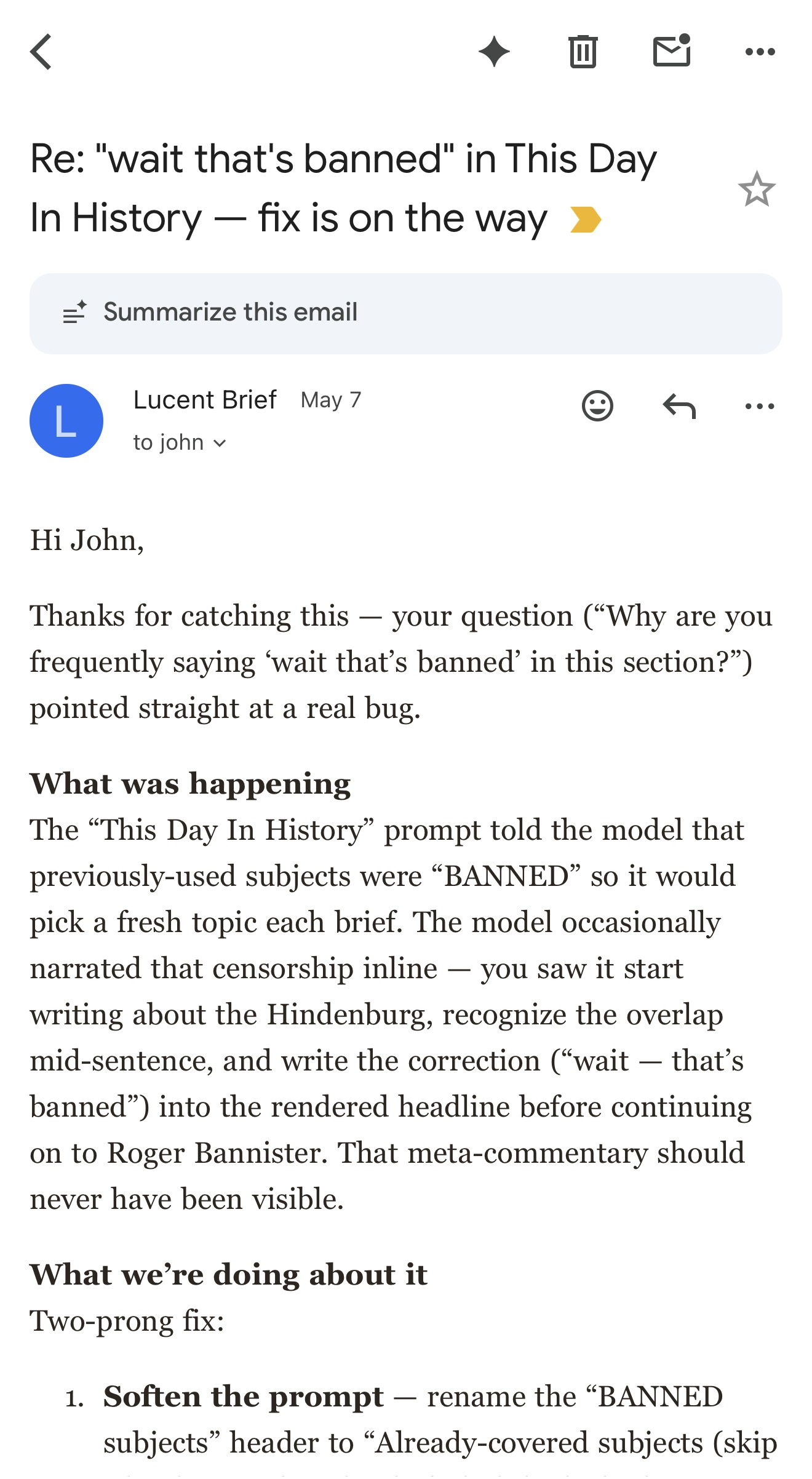 The email the loop sent back to the reader, subject "Re: 'wait that's banned' in This Day In History — fix is on the way", with sections explaining what was happening and the two-prong fix
