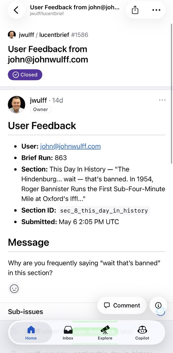 GitHub issue #1586, User Feedback from john@johnwulff.com, with the brief run, section ID, and the reader's verbatim message