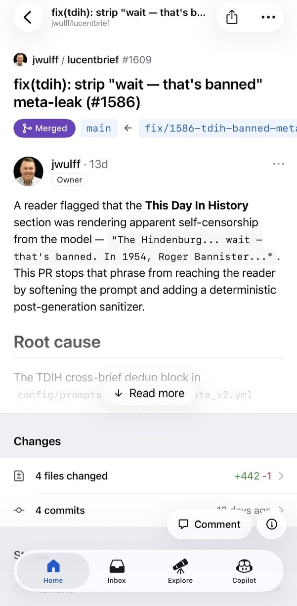 GitHub pull request #1609, fix(tdih) strip the meta-leak, marked Merged with 4 files changed across 4 commits