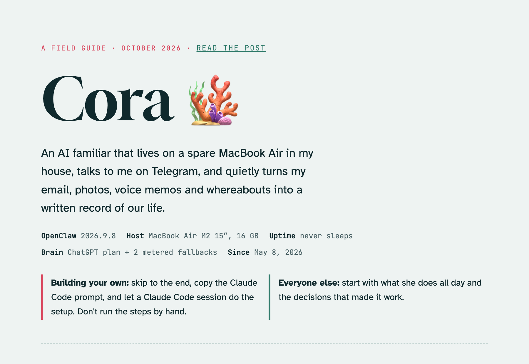 Meet Cora, My OpenClaw Agent