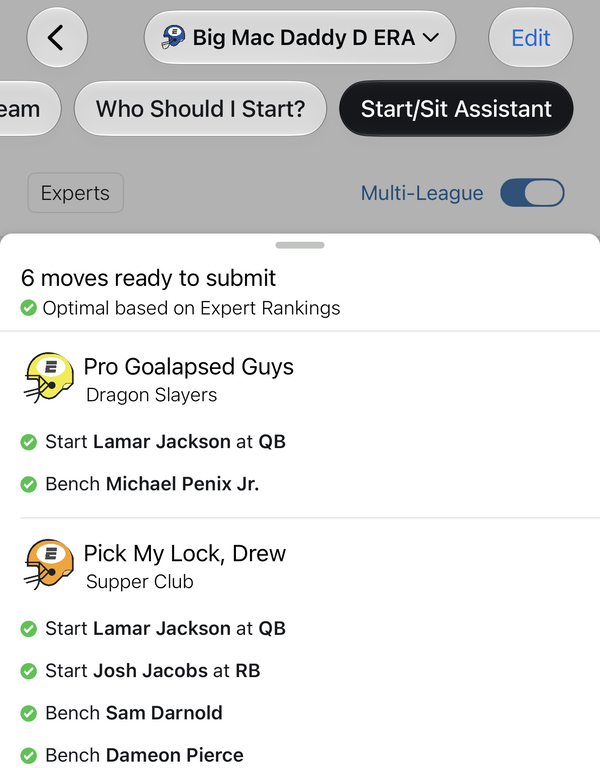 The FantasyPros app's Start/Sit Assistant showing six moves ready to submit across two leagues, including "Start Josh Jacobs at RB" and "Bench Dameon Pierce"