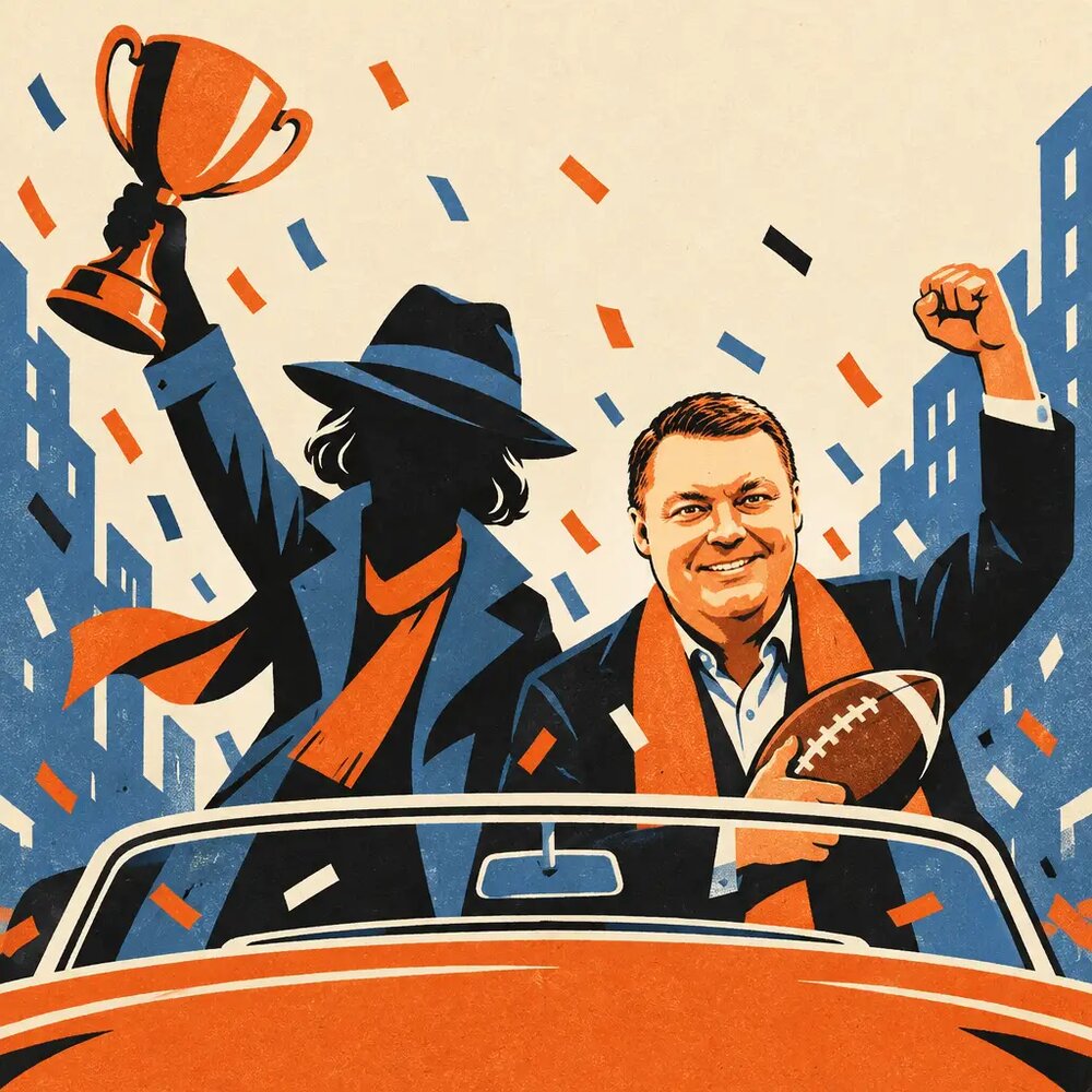 An illustration from the Supper Club Gazette of John grinning in an open orange convertible, holding a football, while a faceless figure beside him hoists a trophy in a confetti parade