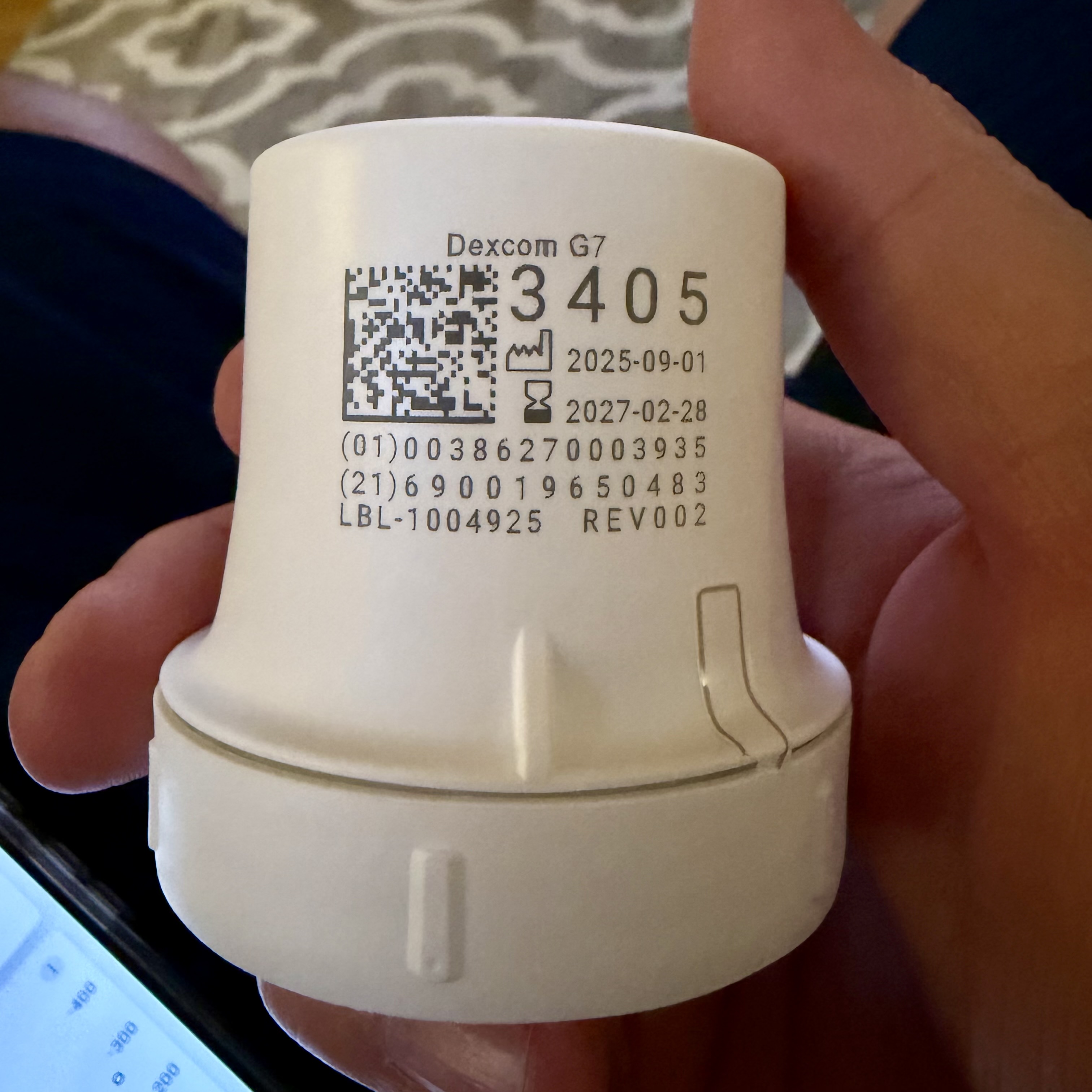 New Dexcom G7 sensor applicator with pairing code 3405 visible