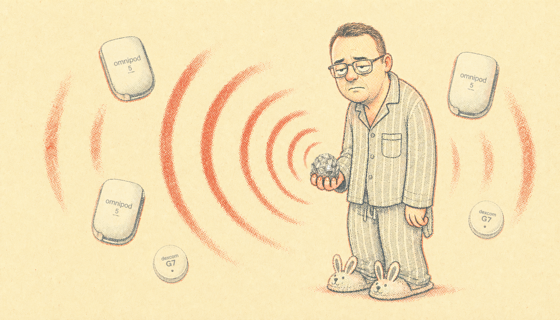 Risograph illustration of a tired dad in pajamas and bunny slippers holding a crumpled foil ball, surrounded by floating Omnipod 5 pods and Dexcom G7 sensors with red radio waves emanating outward
