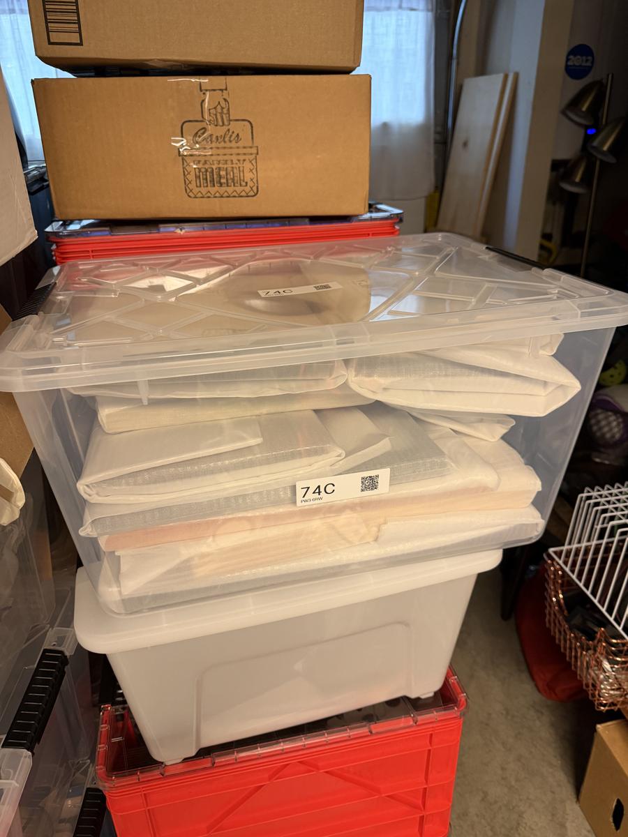 The packed box with its 74C label visible on the outside.