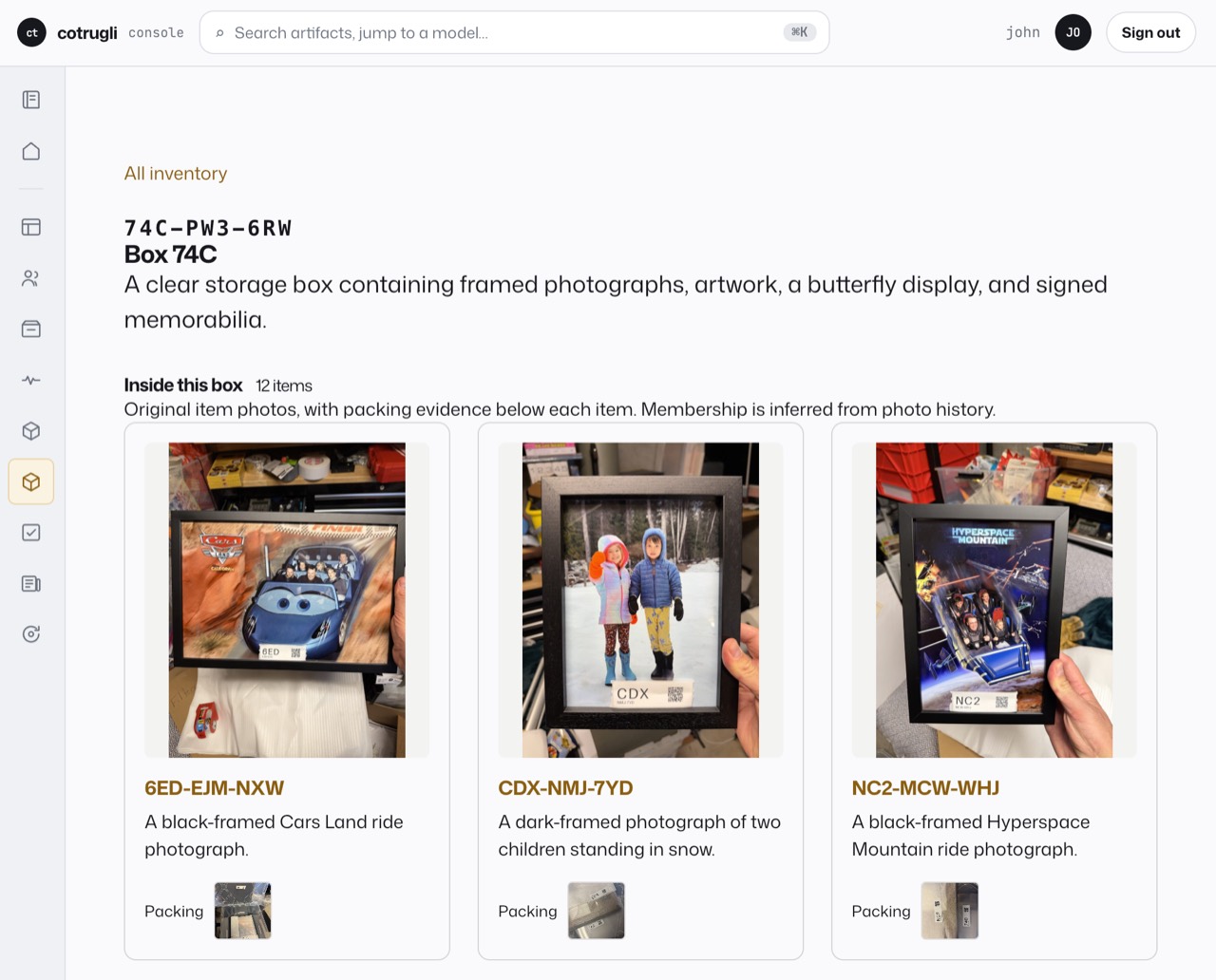 Cotrugli’s box 74C inventory page, showing original photographs and descriptions for the Cars Land frame and two other items, with small packing-evidence thumbnails beneath them.