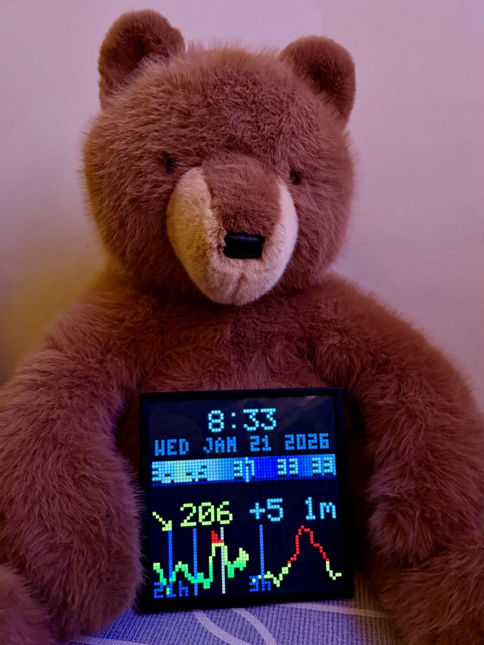 Bear holding the Pixoo64 dashboard